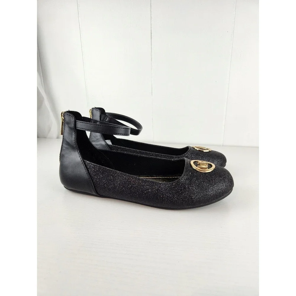 Michael Kors Girls Black Glitter Ankle Strap Ballet Flats MK100868C Size 5